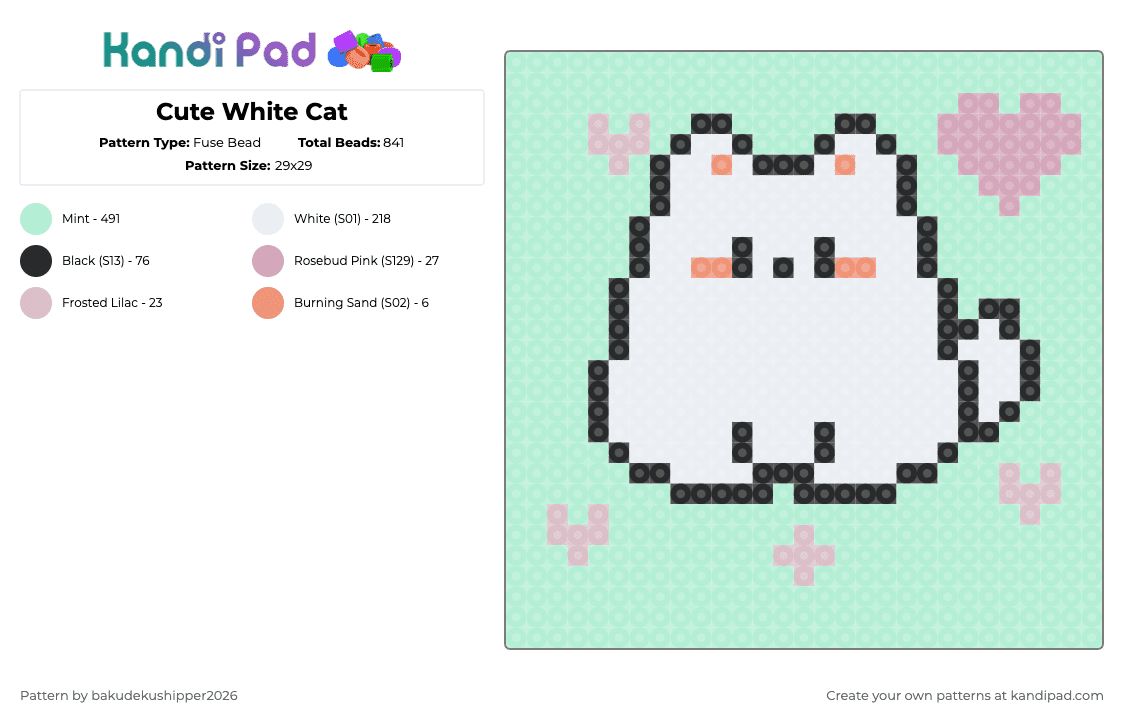 Cute White Cat - Fuse Bead Pattern by bakudekushipper2026 on Kandi Pad - light blue,cat,chibi,cute,mint,white