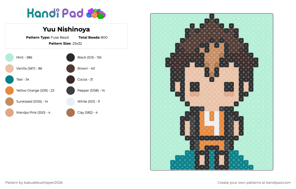 Yuu Nishinoya - Fuse Bead Pattern by bakudekushipper2026 on Kandi Pad - light blue,haikyuu,yuu nishinoya,nishinoya,nishinoya yuu,karasuno high,crow