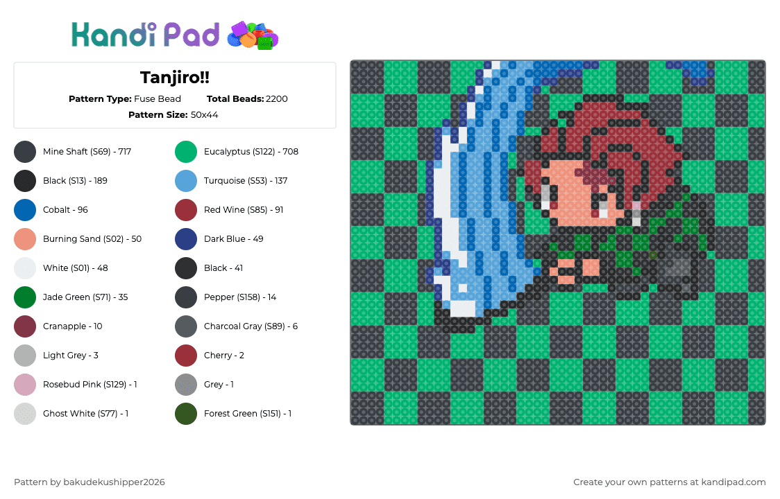 Tanjiro!! - Fuse Bead Pattern by bakudekushipper2026 on Kandi Pad - black,green,blue,light blue,tanjiro,demon slayer,tanjiro from demon slayer,best animated feature,nezukos brother