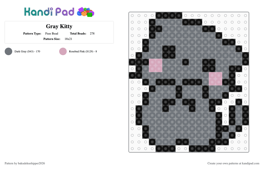 Gray Kitty - Fuse Bead Pattern by bakudekushipper2026 on Kandi Pad - gray,cat,pink,small,small gray kitty,gray kitty,small kitty,small gray kitty with pink hig
