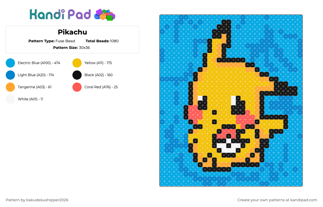 Pikachu - Fuse Bead Pattern by bakudekushipper2026 on Kandi Pad - blue,yellow,light blue,pikachu