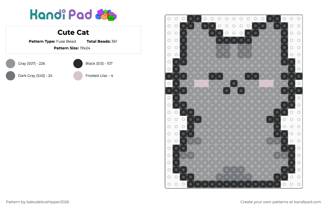 Cute Cat - Fuse Bead Pattern by bakudekushipper2026 on Kandi Pad - gray,cat,dark gray,cute,cute little cat,small,gray cat,dark gray cat