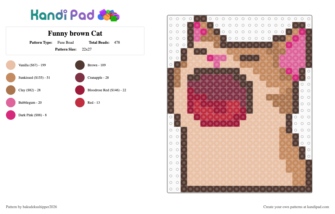 Funny brown Cat - Fuse Bead Pattern by bakudekushipper2026 on Kandi Pad - brown,beige,cat,funny,cat with open mouth,mouth,light brown