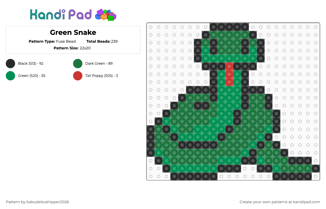Green Snake - Fuse Bead Pattern by bakudekushipper2026 on Kandi Pad - green,dark green,snake,green snake,cute,cute snake,small snake,small green snake