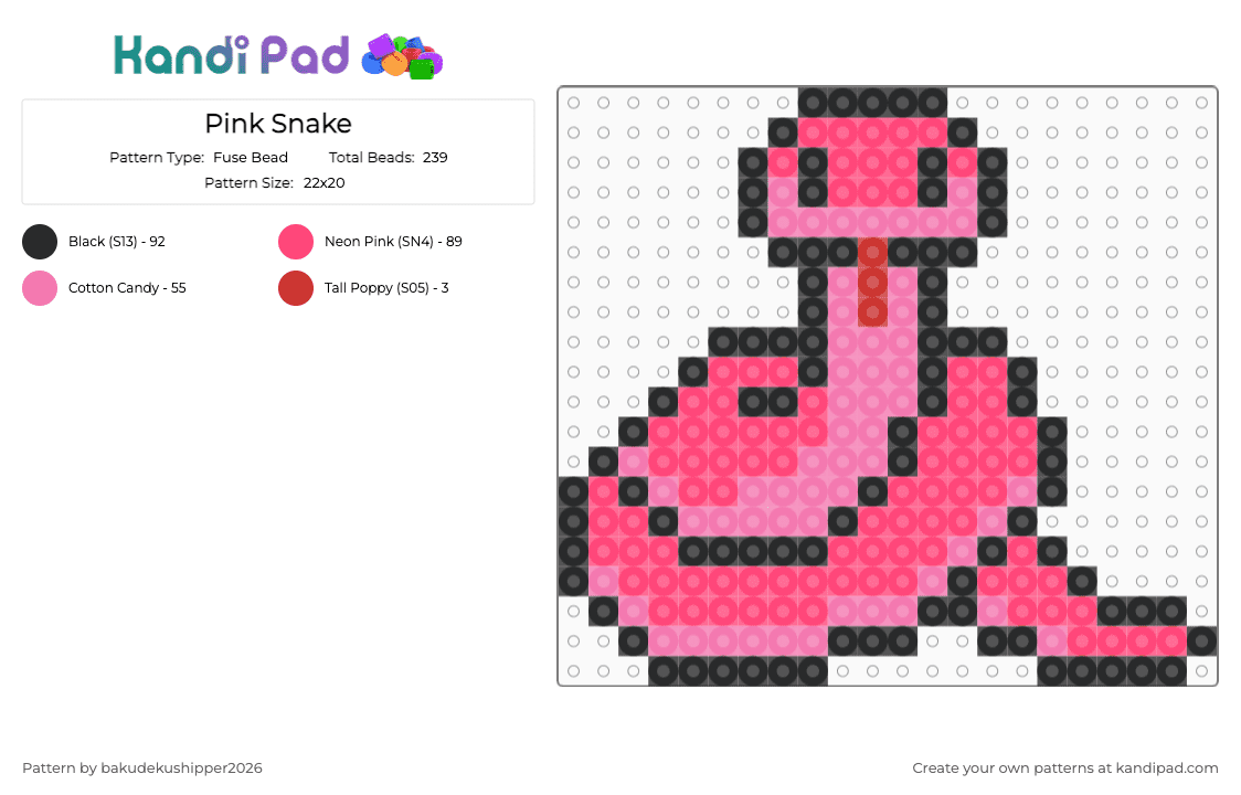 Pink Snake - Fuse Bead Pattern by bakudekushipper2026 on Kandi Pad - red,pink,light pink,snake,pink snake,cute,cute snake,small snake,small pink snake