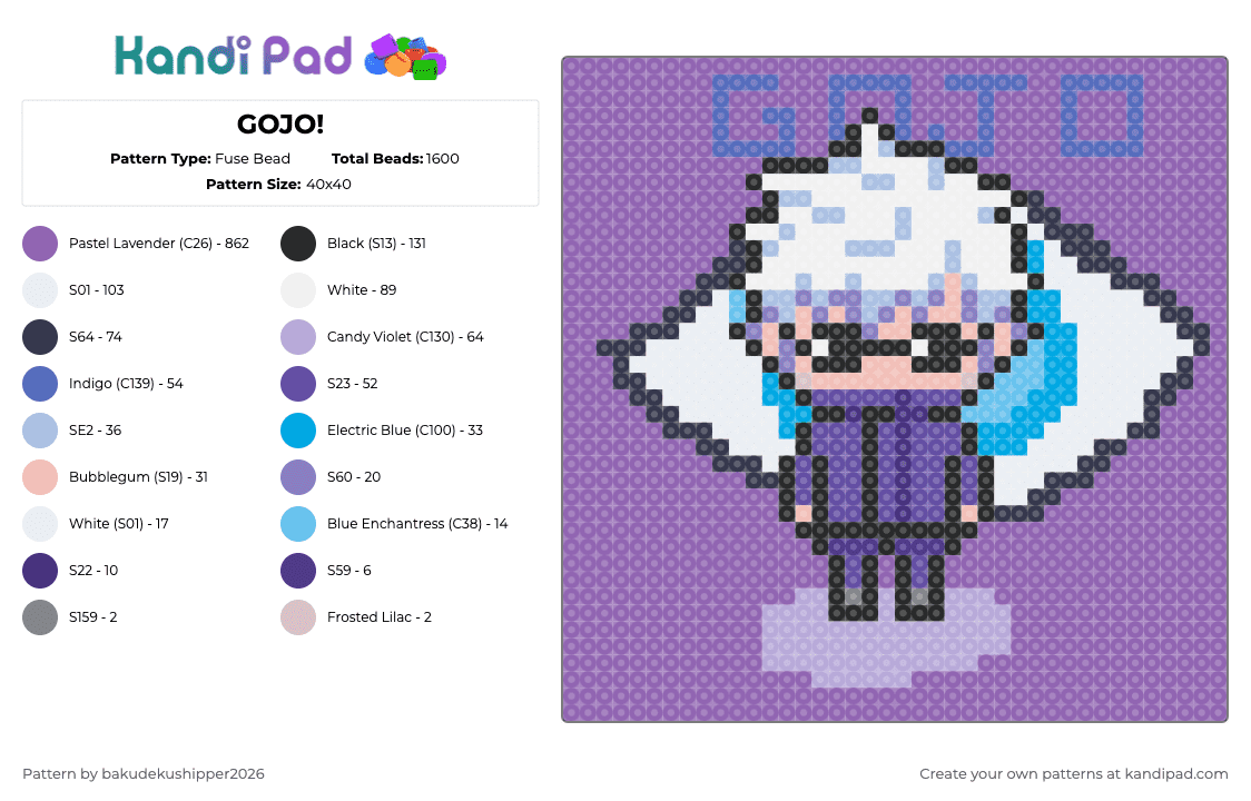 GOJO! - Fuse Bead Pattern by bakudekushipper2026 on Kandi Pad - pink,gojo,satoru,satoru gojo,jjk,jujutsu kaisen,teacher,my love,yuji
