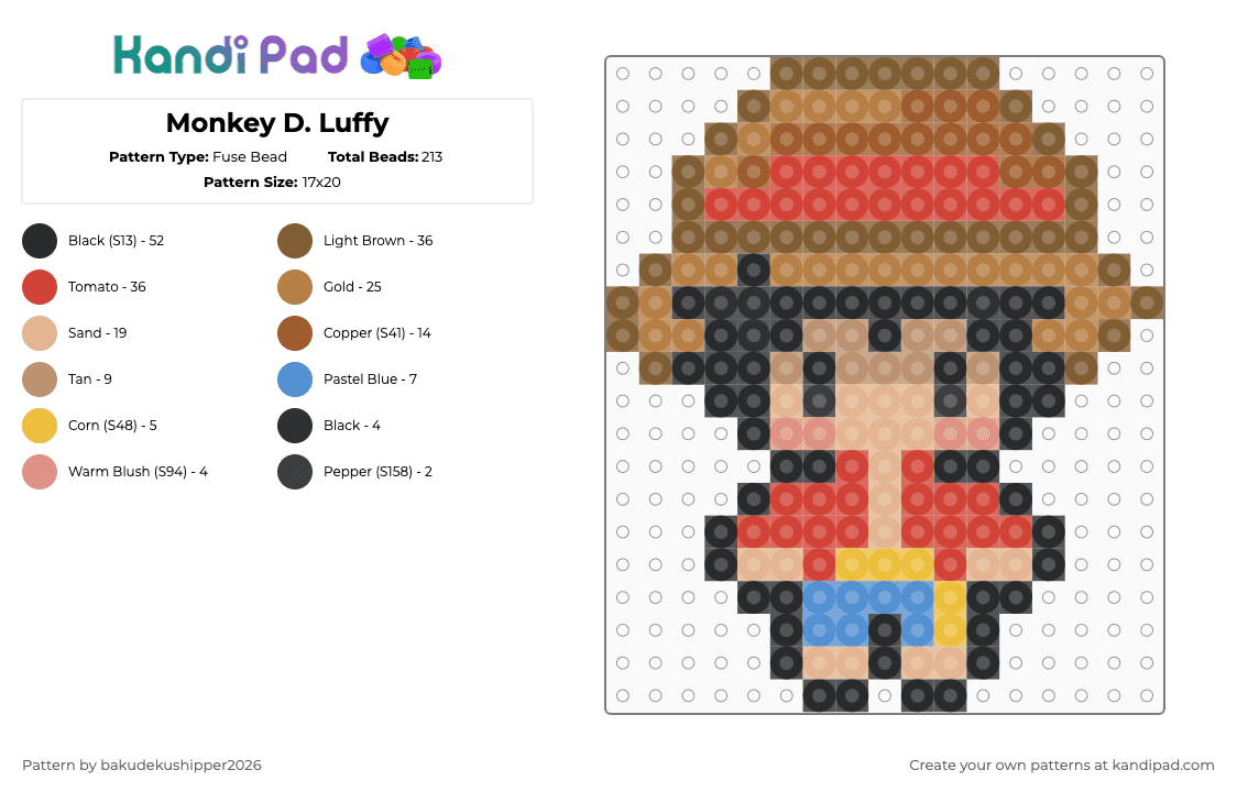 Monkey D. Luffy - Fuse Bead Pattern by bakudekushipper2026 on Kandi Pad - tan,red,beige,monkey d luffy,luffy,one piece,luffy d monkey,food