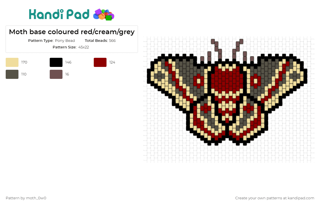 Moth base coloured red/cream/grey - Pony Bead Pattern by moth_0w0 on Kandi Pad - moth,butterly,animals