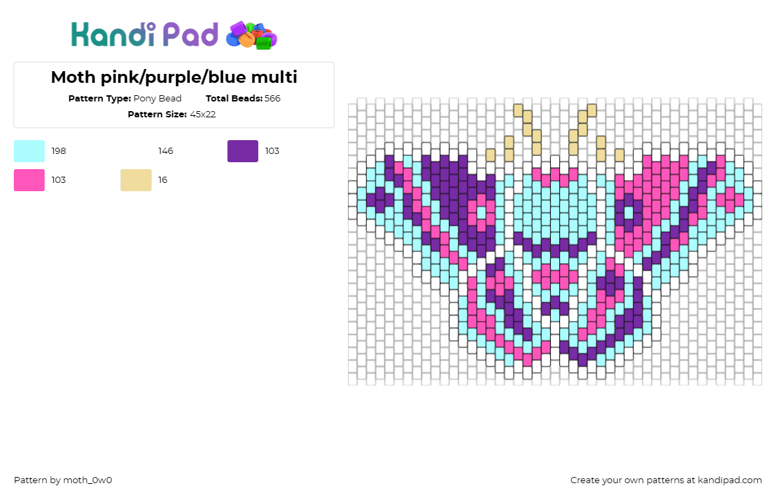 Moth pink/purple/blue multi - Pony Bead Pattern by moth_0w0 on Kandi Pad - moth,butterfly,colorful,insect,winged,pink,purple,light blue