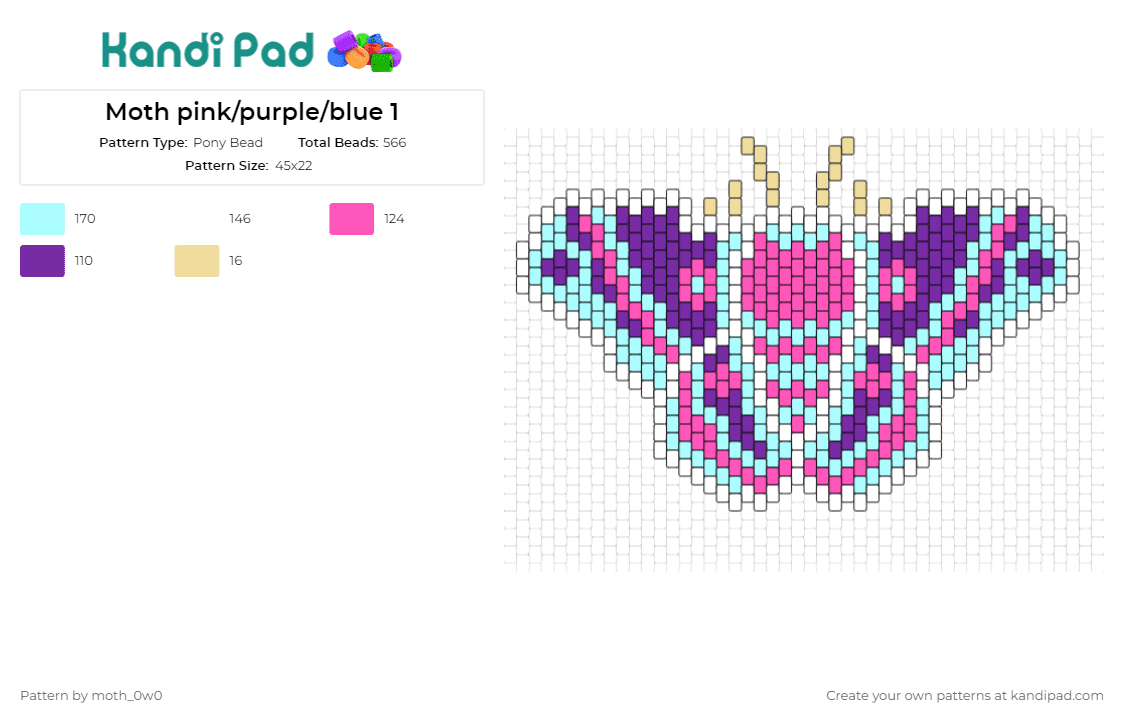 Moth pink/purple/blue 1 - Pony Bead Pattern by moth_0w0 on Kandi Pad - moth,butterfly,colorful,animals