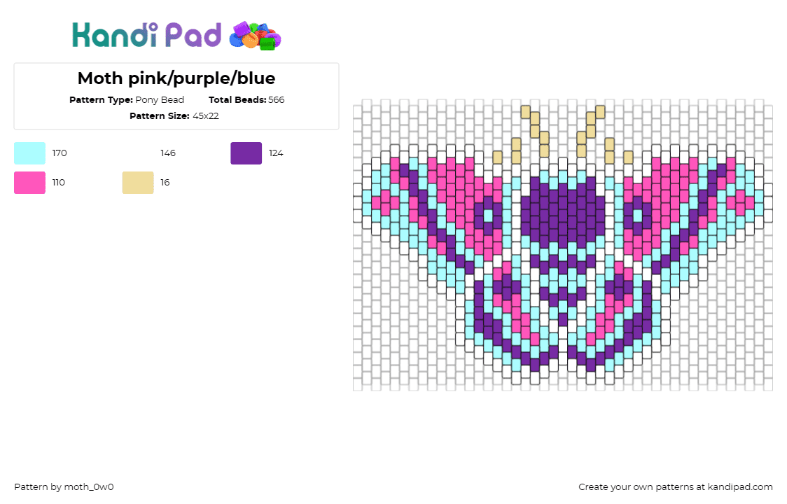 Moth pink/purple/blue - Pony Bead Pattern by moth_0w0 on Kandi Pad - moth,butterfly,colorful,insect,winged,pink,purple,light blue