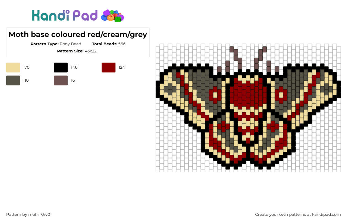 Moth base coloured red/cream/grey - Pony Bead Pattern by moth_0w0 on Kandi Pad - moth,insect,butterfly,animal,red,gray,beige