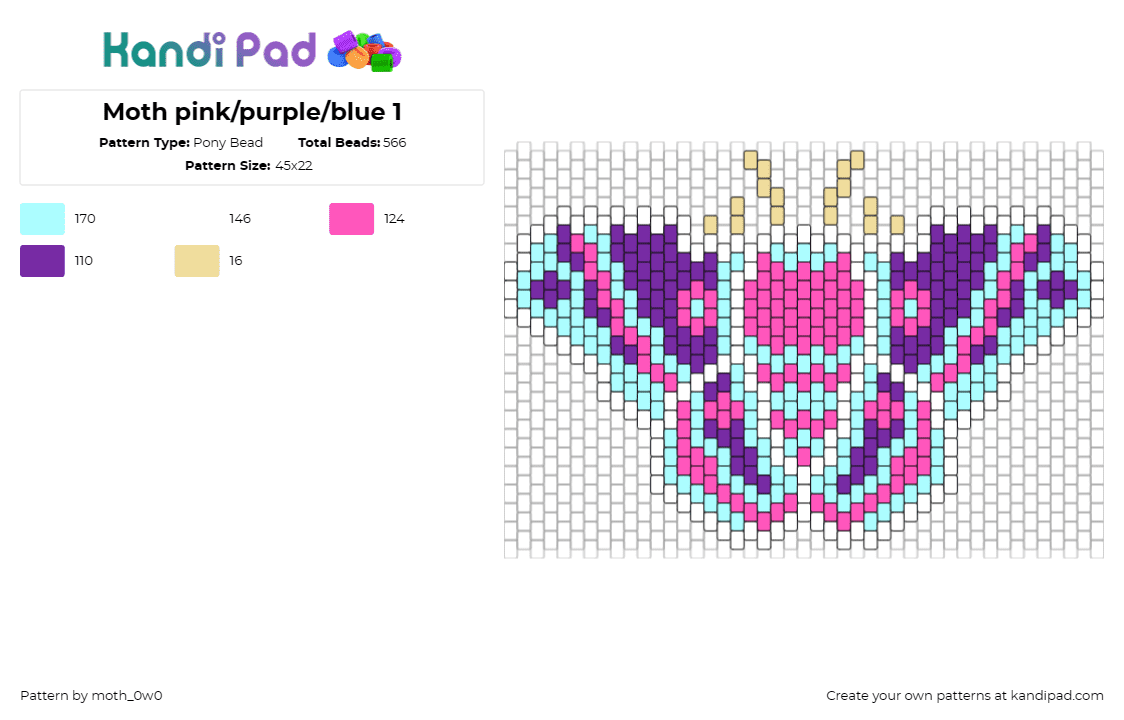 Moth pink/purple/blue 1 - Pony Bead Pattern by moth_0w0 on Kandi Pad - moth,butterfly,insect,colorful,animal,bright,pink,purple,light blue