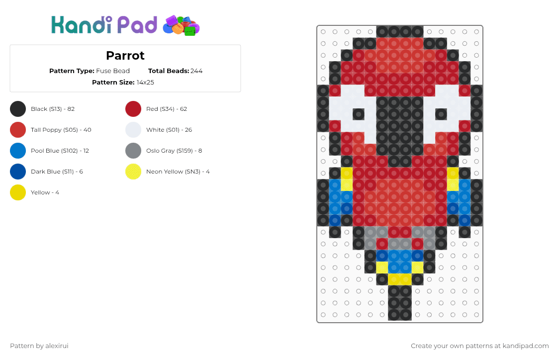 Parrot - Fuse Bead Pattern by alexirui on Kandi Pad - red,animal,parrot,pixel art,cute,bird,species,tropical