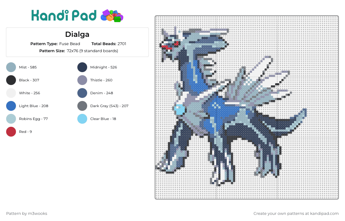 Dialga - Fuse Bead Pattern by m3wooks on Kandi Pad - dialga,pokemon,legendary,fantasy,character,gaming,blue,gray
