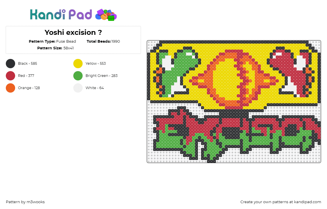 Yoshi excision ? - Fuse Bead Pattern by m3wooks on Kandi Pad - excision,yoshi,fireball,dj,nintendo,mario,dubstep,music,edm,yellow,green,red