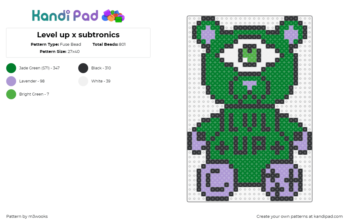 Level up x subtronics - Fuse Bead Pattern by m3wooks on Kandi Pad - subtronics,level up,cyclops,teddy bear,dj,edm,music,rave,green