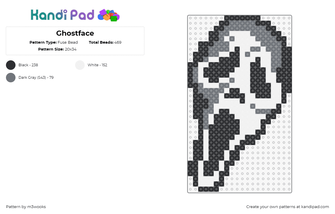 Ghostface - Fuse Bead Pattern by m3wooks on Kandi Pad - ghostface,scream,mask,horror,slasher,movie,character,white,black