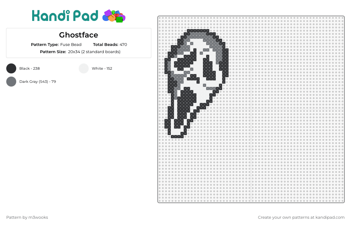 Ghostface - Fuse Bead Pattern by m3wooks on Kandi Pad - ghostface,scream,mask,horror,slasher,movie,character,white,black