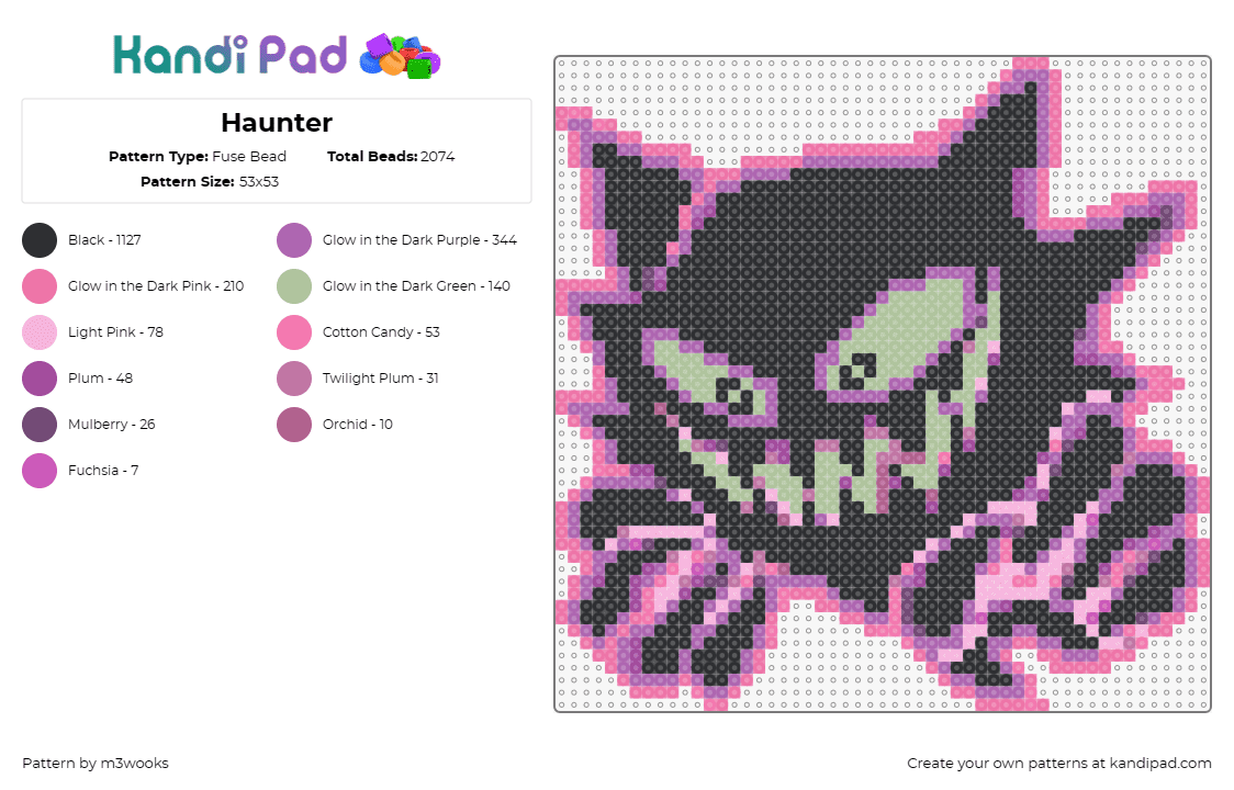 Haunter - Fuse Bead Pattern by m3wooks on Kandi Pad - haunter,gastly,pokemon,ghost,gaming,spooky,gengar,black,pink