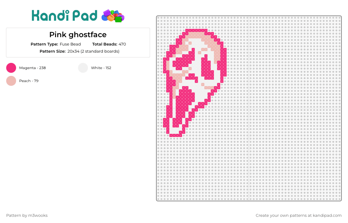 Pink ghostface - Fuse Bead Pattern by m3wooks on Kandi Pad - ghostface,scream,mask,horror,character,spooky,slasher,movie,pink,white