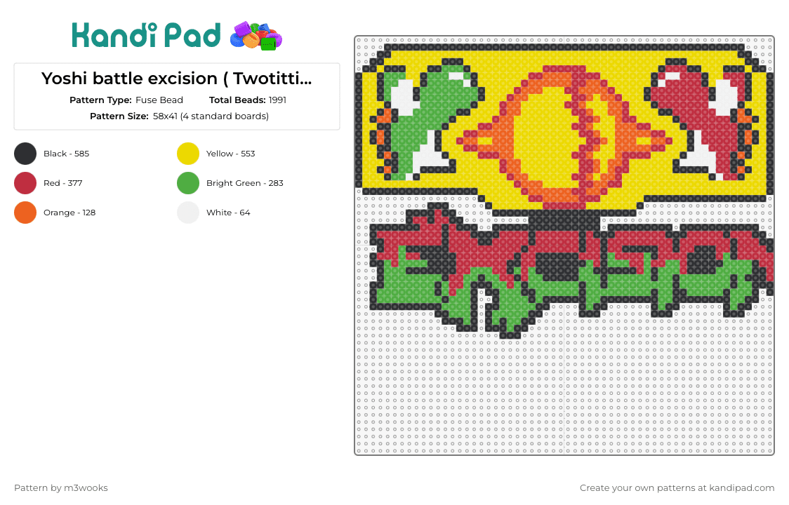 Yoshi battle excision ( Twotitties has the rest of the excision spell out  - Fuse Bead Pattern by m3wooks on Kandi Pad - excision,yoshi,fireball,dj,nintendo,mario,dubstep,music,edm,yellow,green,red