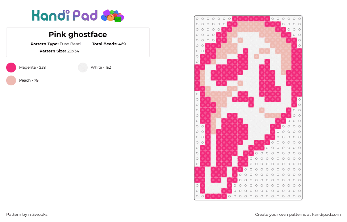 Pink ghostface - Fuse Bead Pattern by m3wooks on Kandi Pad - ghostface,scream,mask,horror,character,spooky,slasher,movie,pink,white