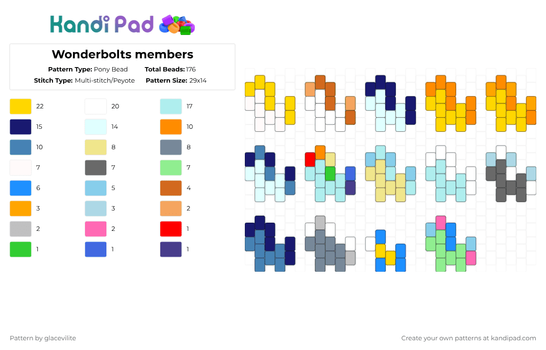 Wonderbolts members - Pony Bead Pattern by glacevilite on Kandi Pad - yellow,purple,light blue,colorful,mlp,gen 4,my little pony,wonderbolts,rainbow dash,spitfire,fleetfoot,surprise