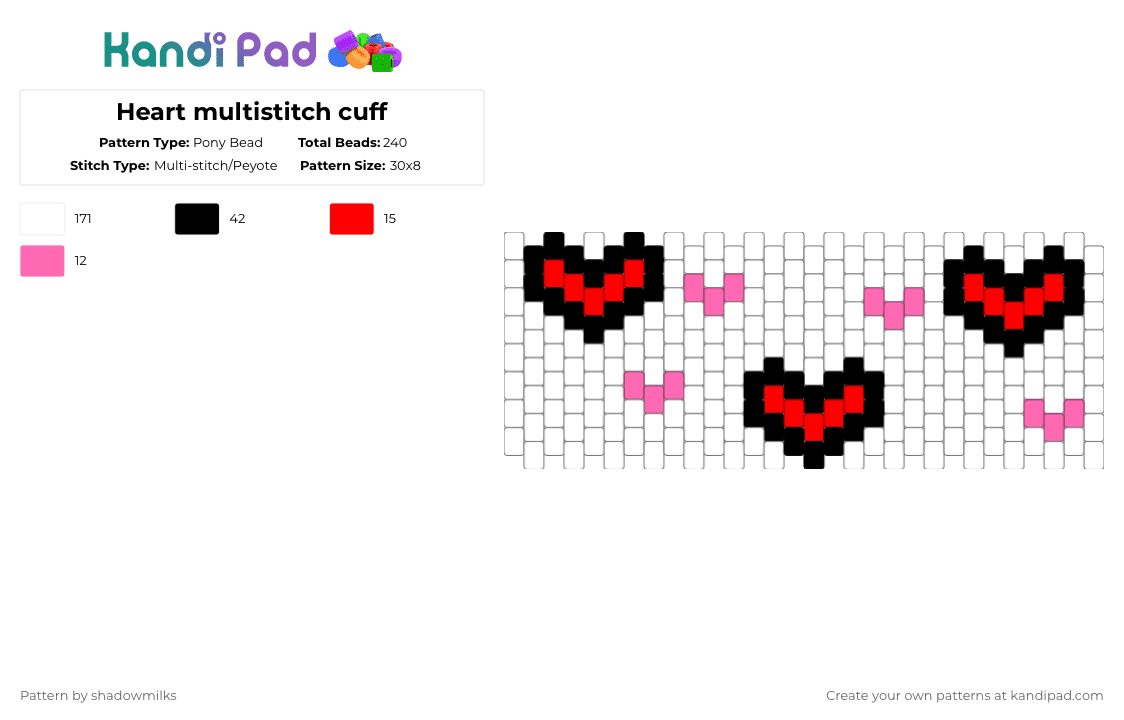 Heart multistitch cuff - Pony Bead Pattern by shadowmilks on Kandi Pad - white,red,pink