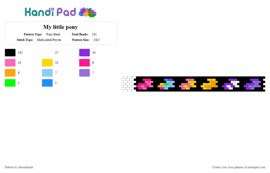 My little pony - Pony Bead Pattern by lemonkandi on Kandi Pad - black,pink,purple,yellow,colorful,rainbow,bag,mlp,my little pony,peyote,cuff