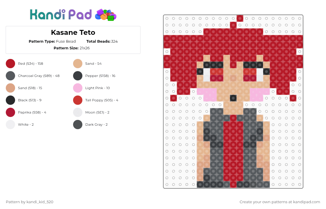 Kasane Teto - Fuse Bead Pattern by kandi_kid_520 on Kandi Pad - red