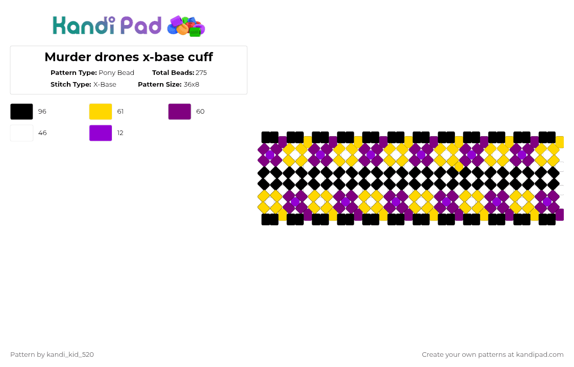 Murder drones x-base cuff - Pony Bead Pattern by kandi_kid_520 on Kandi Pad - pink, yellow