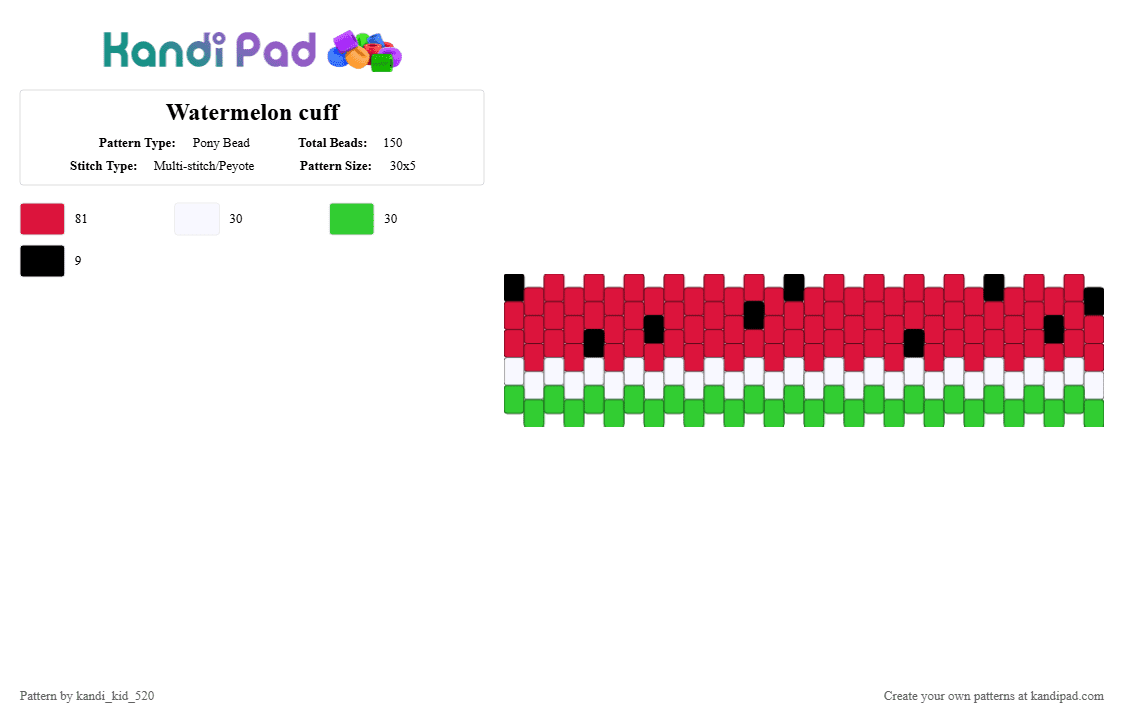 Watermelon cuff - Pony Bead Pattern by kandi_kid_520 on Kandi Pad - red,green