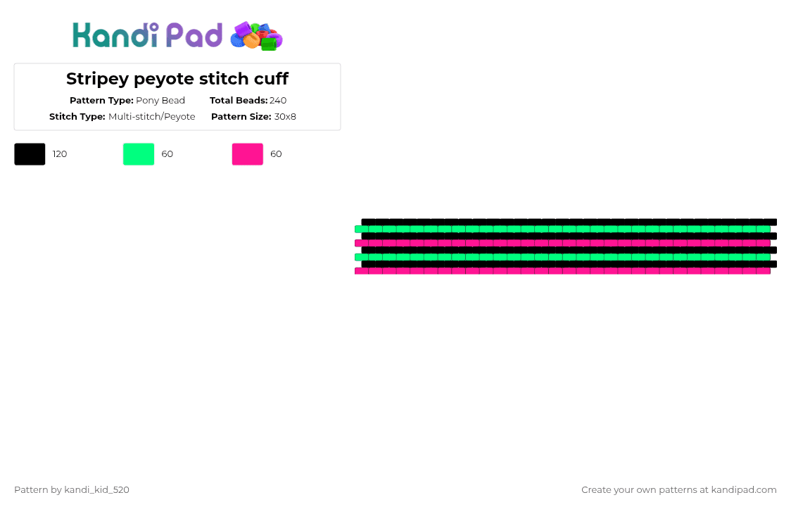 Stripey peyote stitch cuff - Pony Bead Pattern by kandi_kid_520 on Kandi Pad - teal,pink