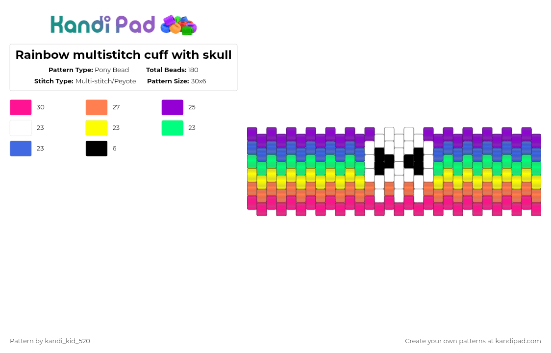 Rainbow multistitch cuff with skull - Pony Bead Pattern by kandi_kid_520 on Kandi Pad - orange,teal,purple,colorful