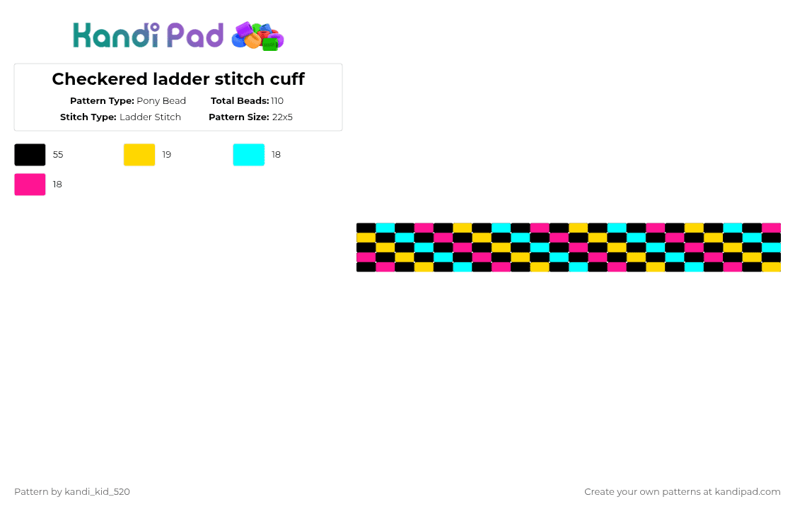 Checkered ladder stitch cuff - Pony Bead Pattern by kandi_kid_520 on Kandi Pad - light blue,yellow,pink