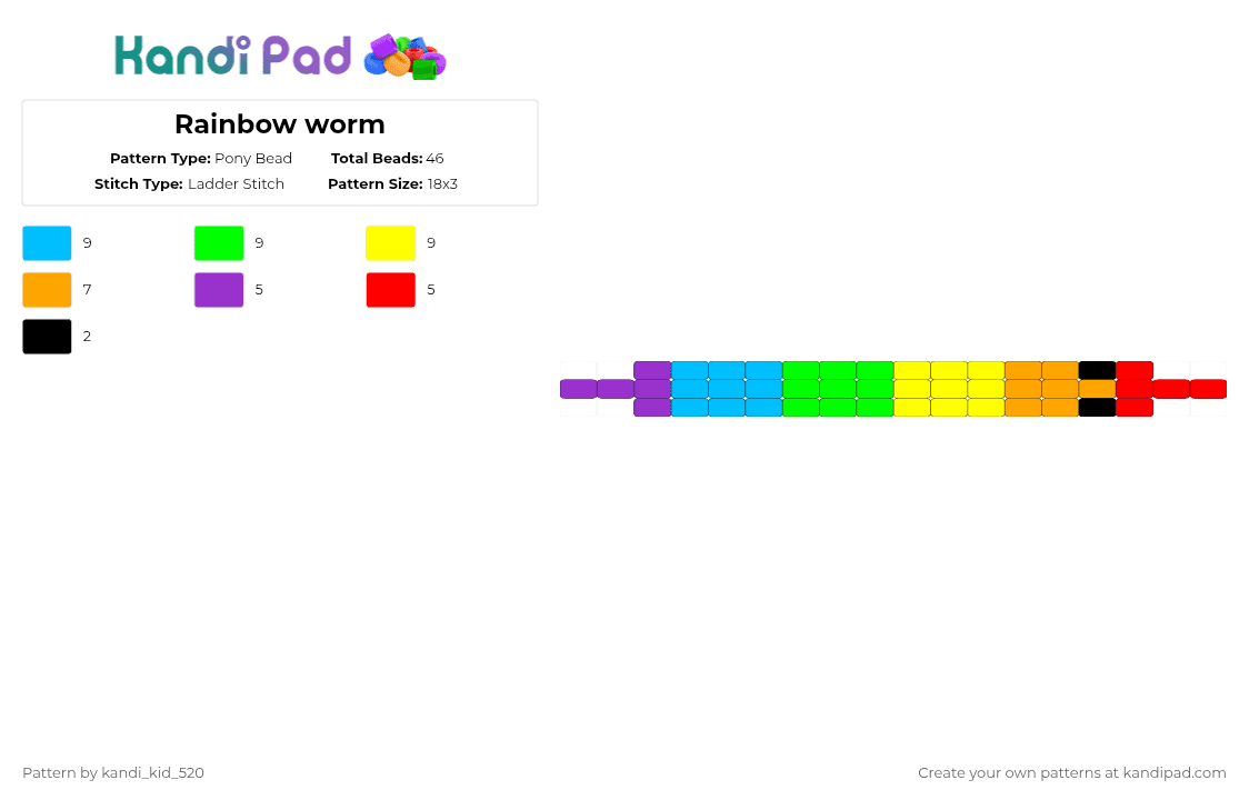 Rainbow worm - Pony Bead Pattern by kandi_kid_520 on Kandi Pad - light blue,green,yellow,orange