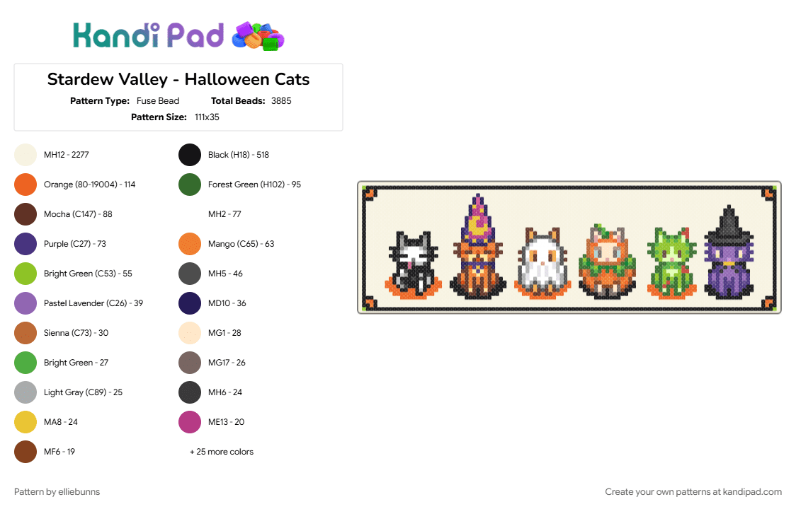 Stardew Valley - Halloween Cats - Fuse Bead Pattern by elliebunns on Kandi Pad - cats, colorful, costume, cute, game, halloween, orange, purple, spooky, stardew, stardew valley, white
