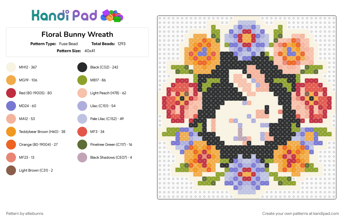 Floral Bunny Wreath - Fuse Bead Pattern by elliebunns on Kandi Pad - bunny, colorful, floral, flower, orange, pink, wreath