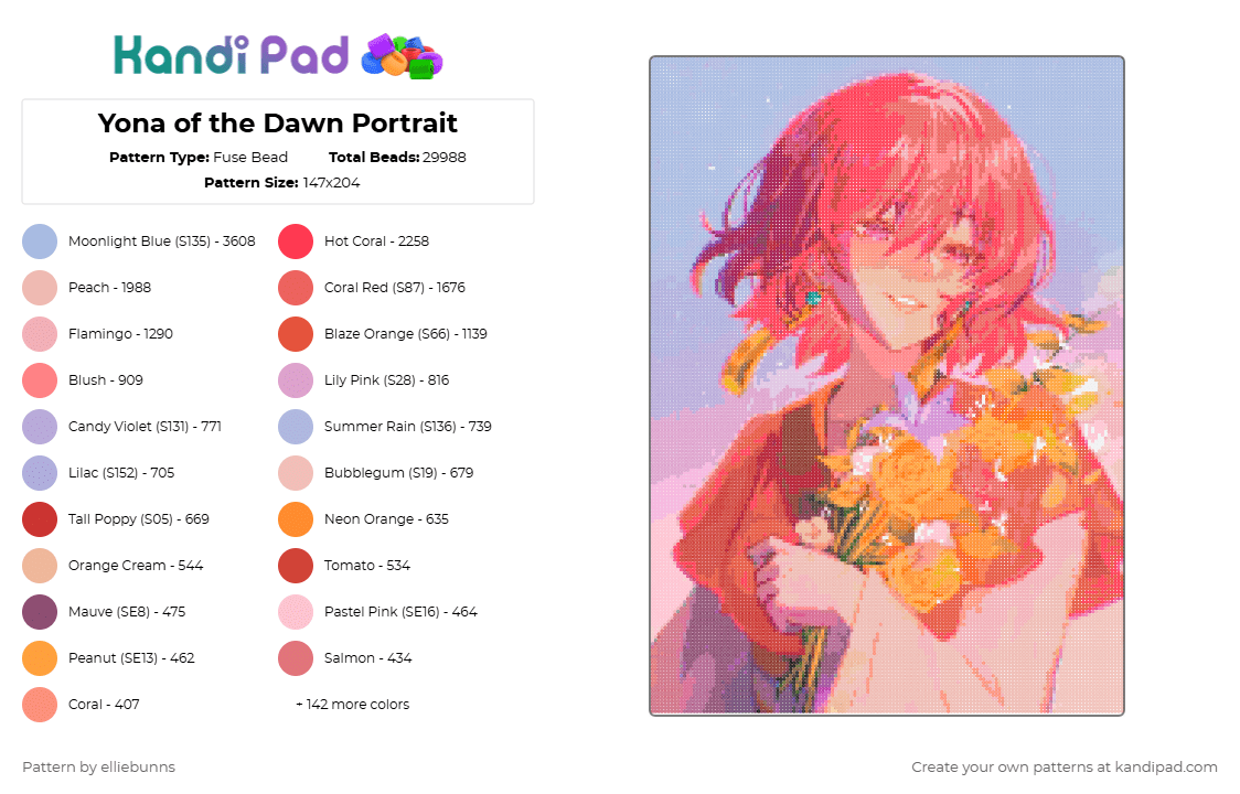 Yona of the Dawn Portrait - Fuse Bead Pattern by elliebunns on Kandi Pad - pink,red,beige,orange,colorful