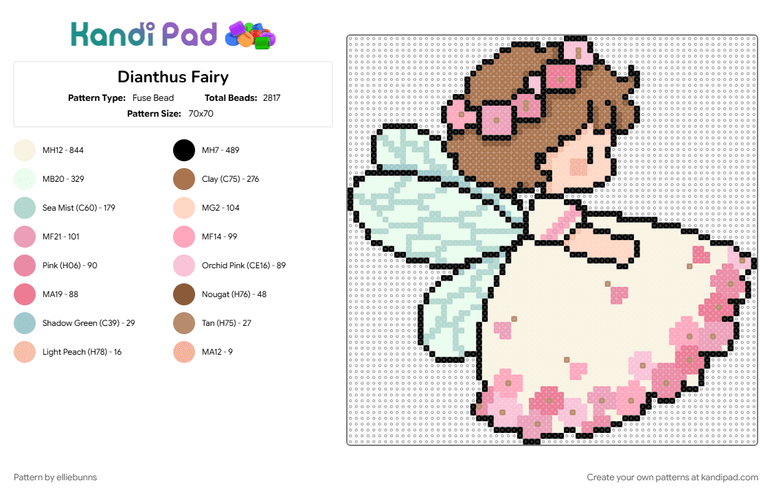 Dianthus Fairy - Fuse Bead Pattern by elliebunns on Kandi Pad - cute, fairy, flower, flowers, nature, pink, tan, whimsy, white, wings