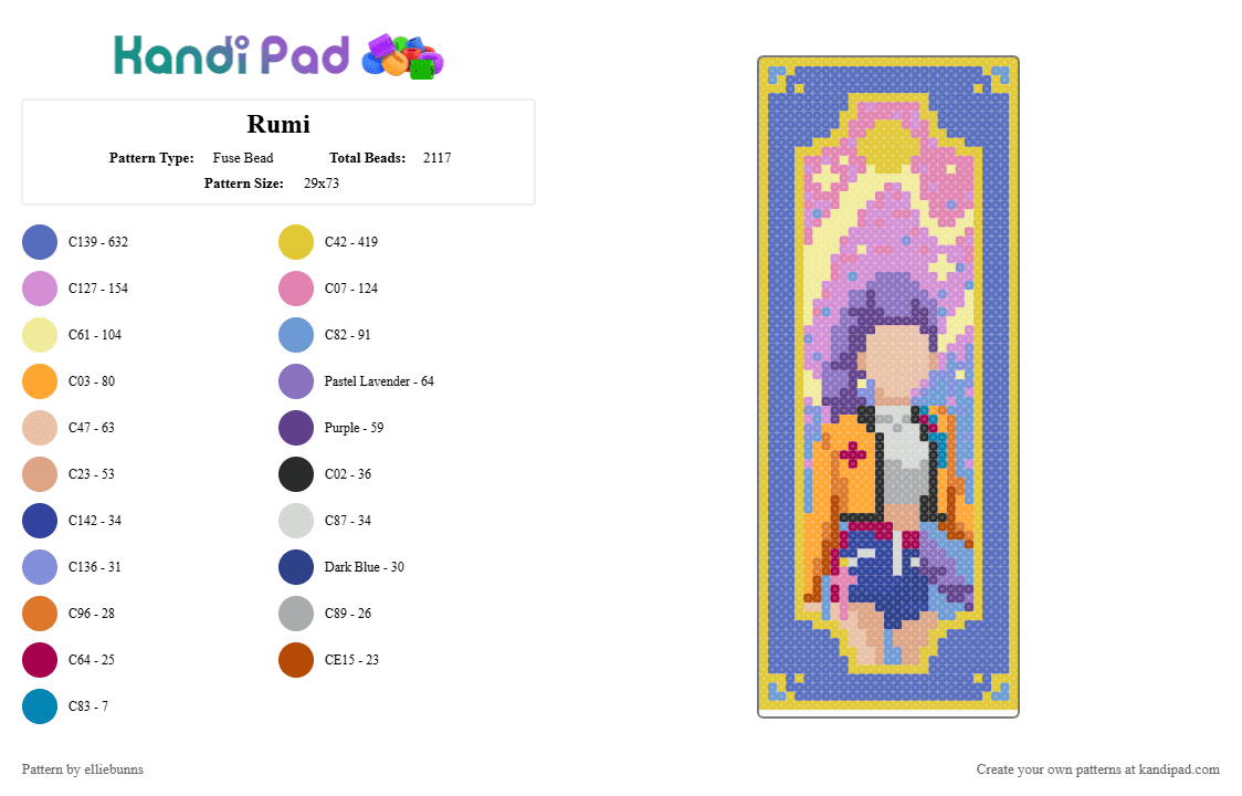 Rumi - Fuse Bead Pattern by elliebunns on Kandi Pad - yellow,pink,blue,rumi,anime,huntrix,kpop,kpop demon hunters