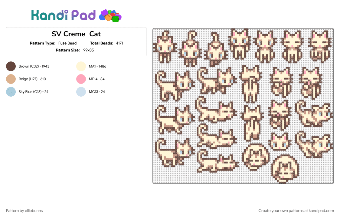 SV Creme  Cat - Fuse Bead Pattern by elliebunns on Kandi Pad - brown, cat, concerned ape, stardew, stardew valley, tabby, video game