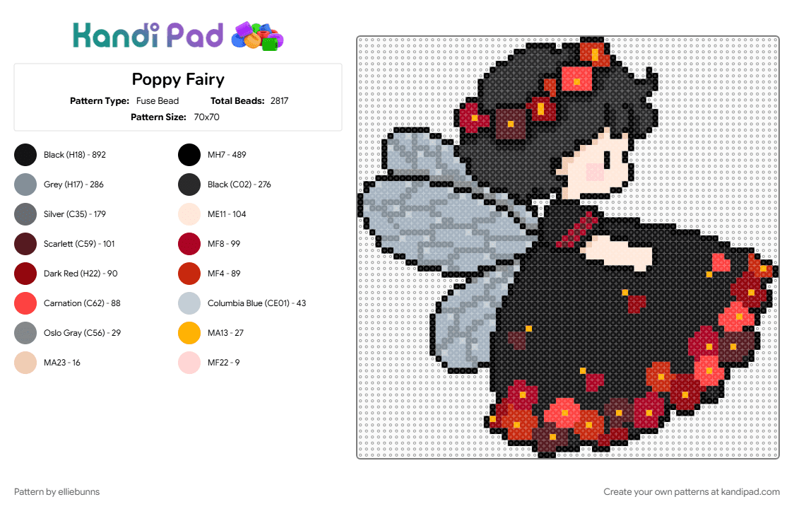 Poppy Fairy - Fuse Bead Pattern by elliebunns on Kandi Pad - black, cute, fairy, flower, flowers, gray, nature, pink, red, whimsy, wings