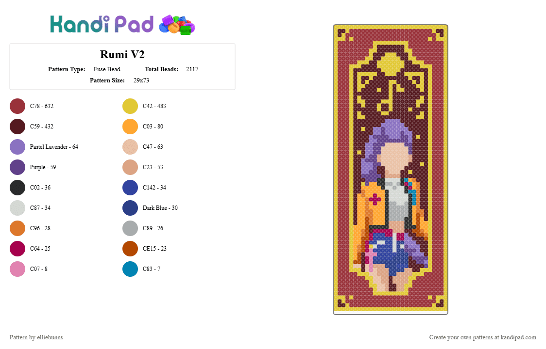 Rumi V2 - Fuse Bead Pattern by elliebunns on Kandi Pad - yellow,brown,red