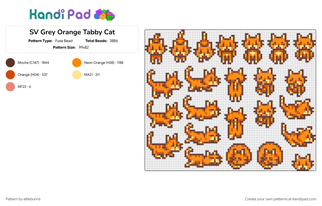 SV Grey Orange Tabby Cat - Fuse Bead Pattern by elliebunns on Kandi Pad - brown, cat, concerned ape, orange, stardew, stardew valley, tabby, video game