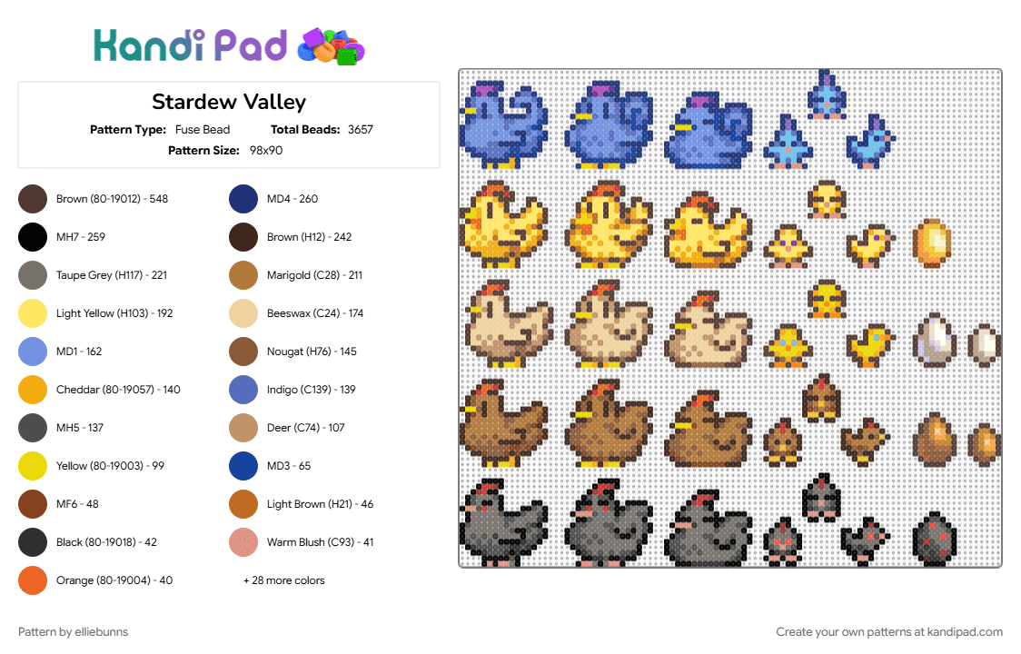 Stardew Valley Chickens &Eggs - Fuse Bead Pattern by elliebunns on Kandi Pad - chickens, colorful, concerned ape, eggs, game, gray, stardew, stardew valley, tan, video game, yellow