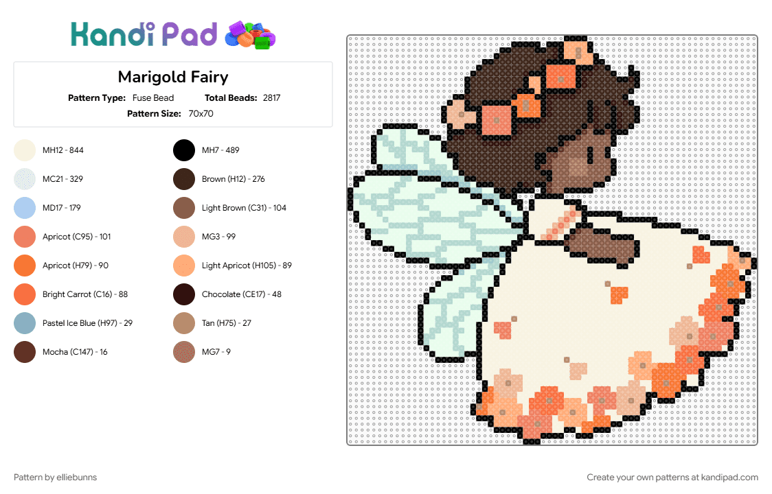 Marigold Fairy - Fuse Bead Pattern by elliebunns on Kandi Pad - brown, cute, fairy, flower, flowers, nature, orange, whimsy, white, wings
