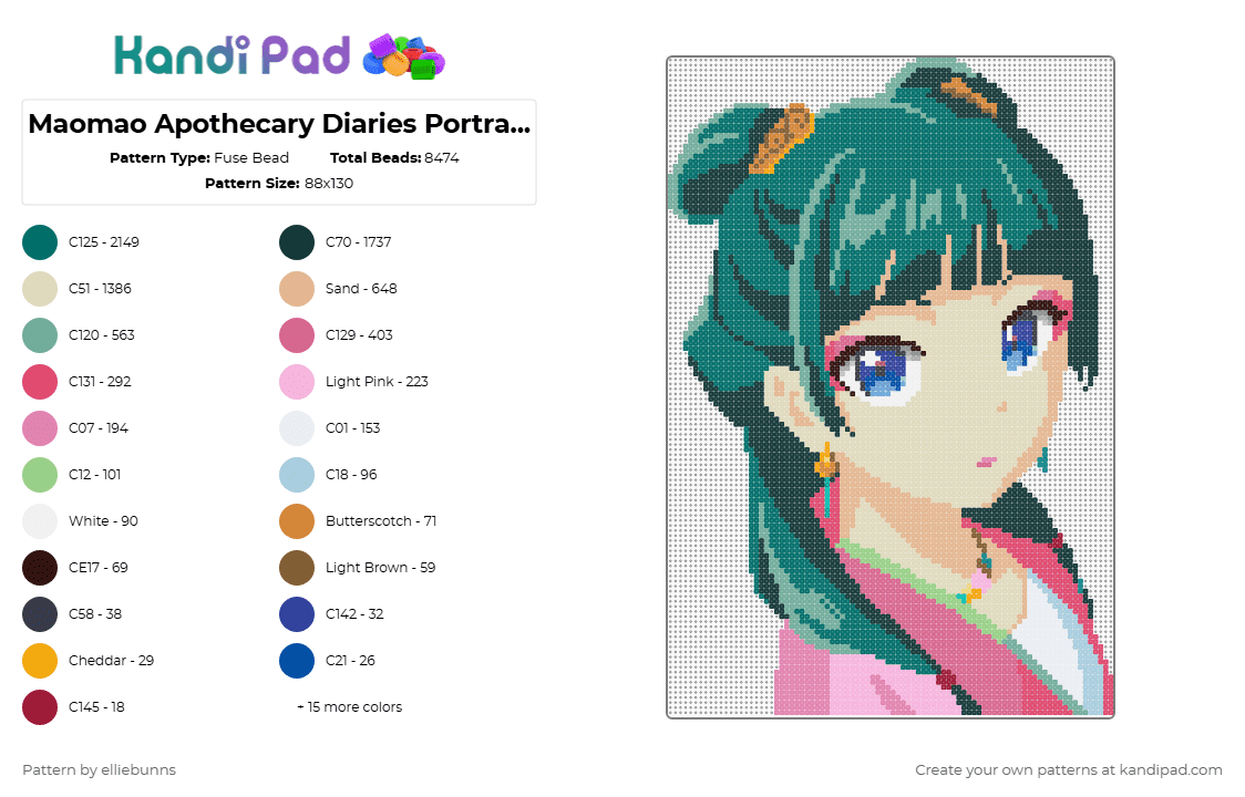 Maomao Apothecary Diaries Portrait 3 - Fuse Bead Pattern by elliebunns on Kandi Pad - teal,beige,pink