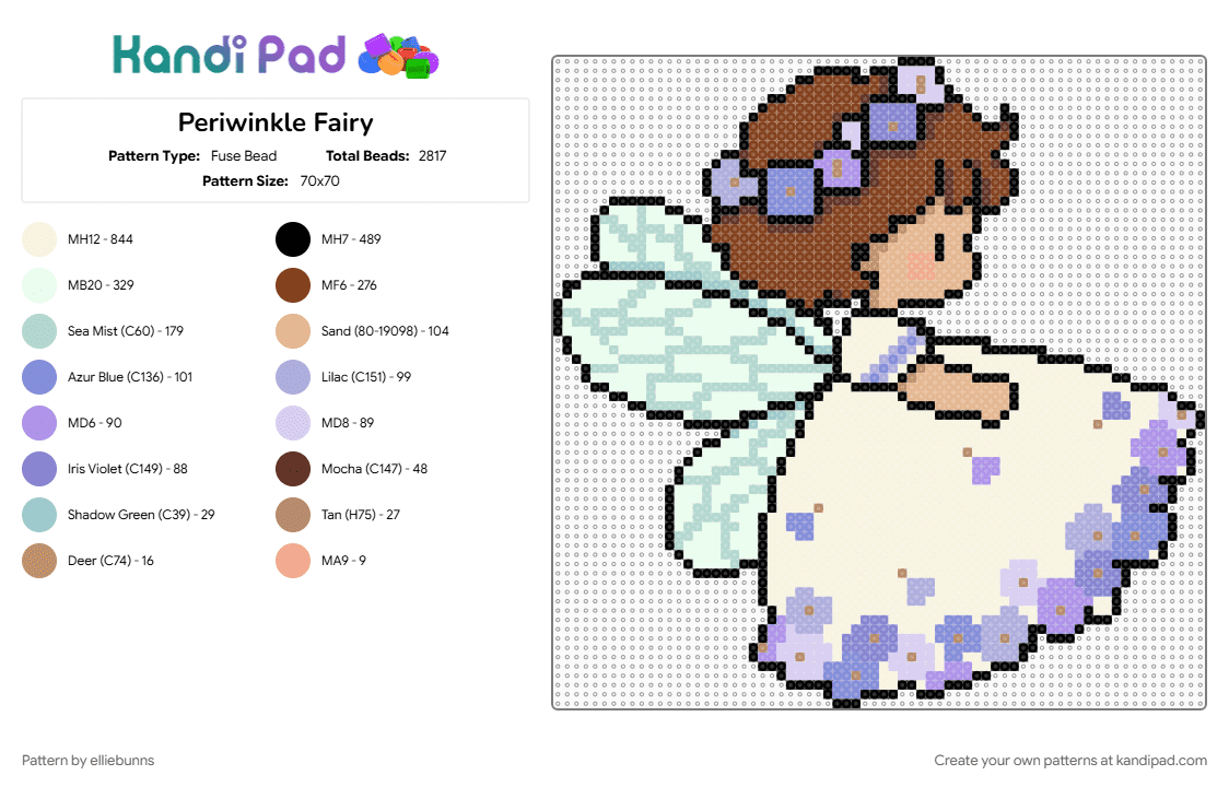 Periwinkle Fairy - Fuse Bead Pattern by elliebunns on Kandi Pad - blue, colorful, cute, fairy, flower, flowers, nature, pink, whimsy, white, wings